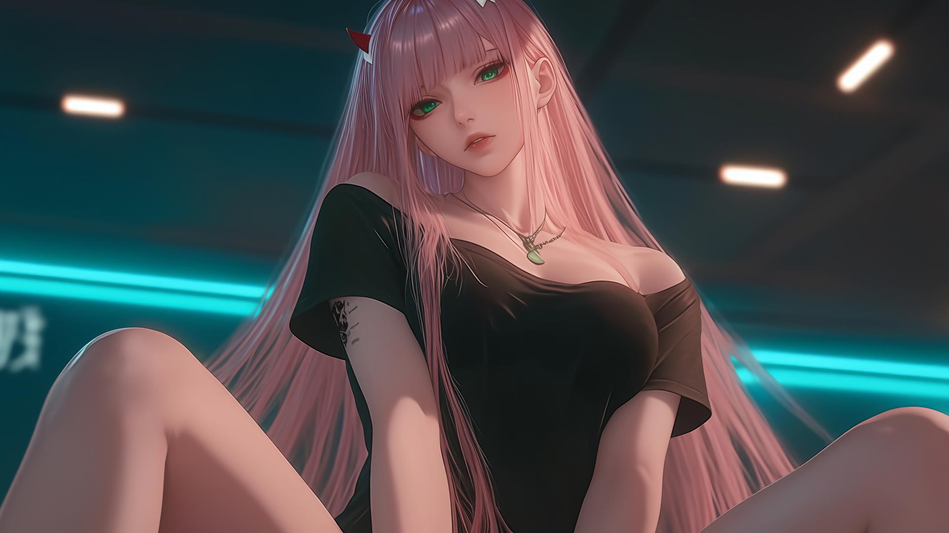Zero Two from DARLING in the FRANXX with long pink hair, seen from below, with hotel ceiling behind, wearing a worn-out broken T-shirt.
