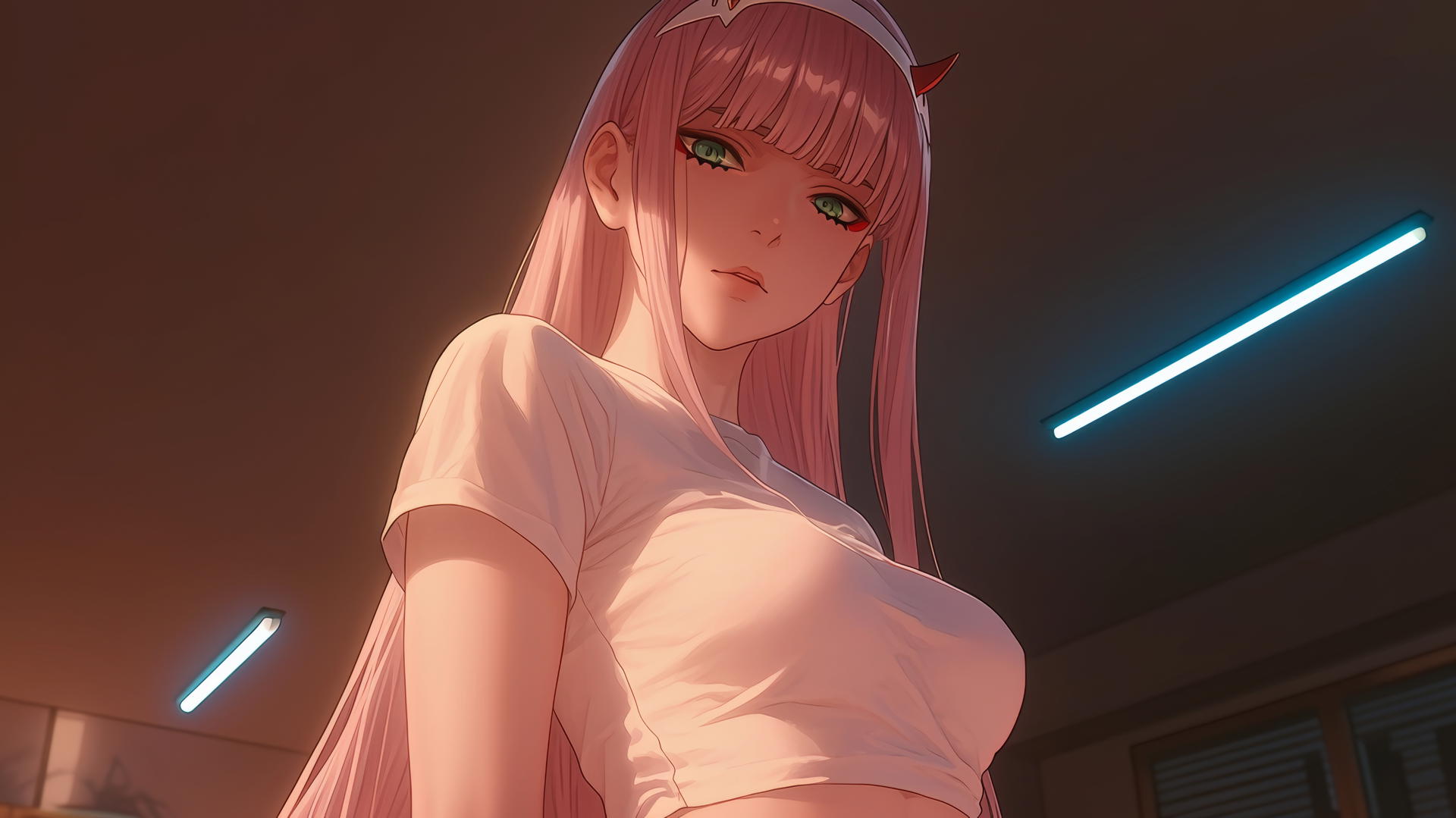 Zero Two from DARLING in the FRANXX with pink hair, broken T-shirt, warm neon glow.