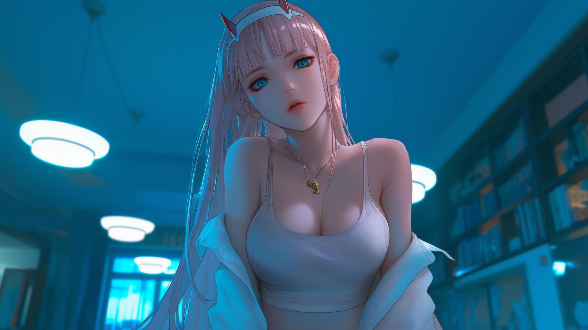 Zero Two from DARLING in the FRANXX kneeling, looking down, neon-lit hotel ceiling.