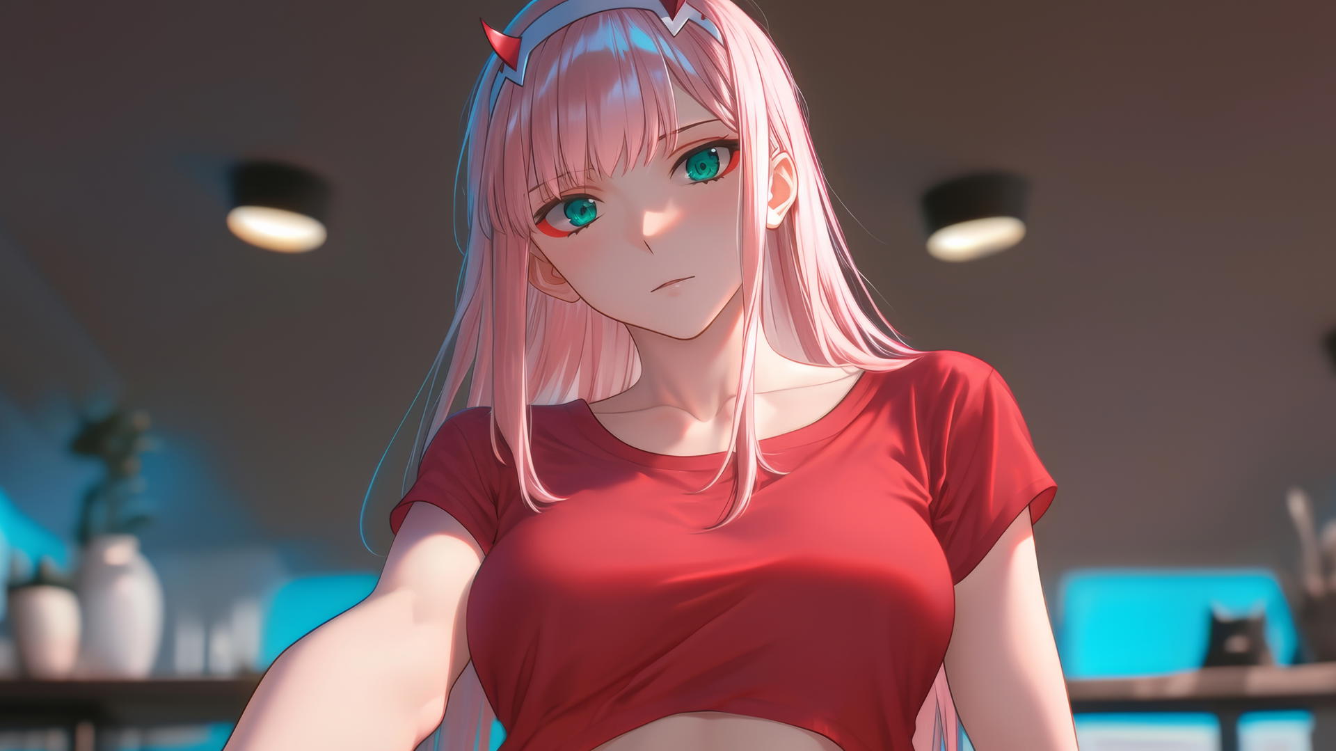 Zero Two from DARLING in the FRANXX with long pink hair in a hotel room, kneeling and looking down with warm and neon lights.