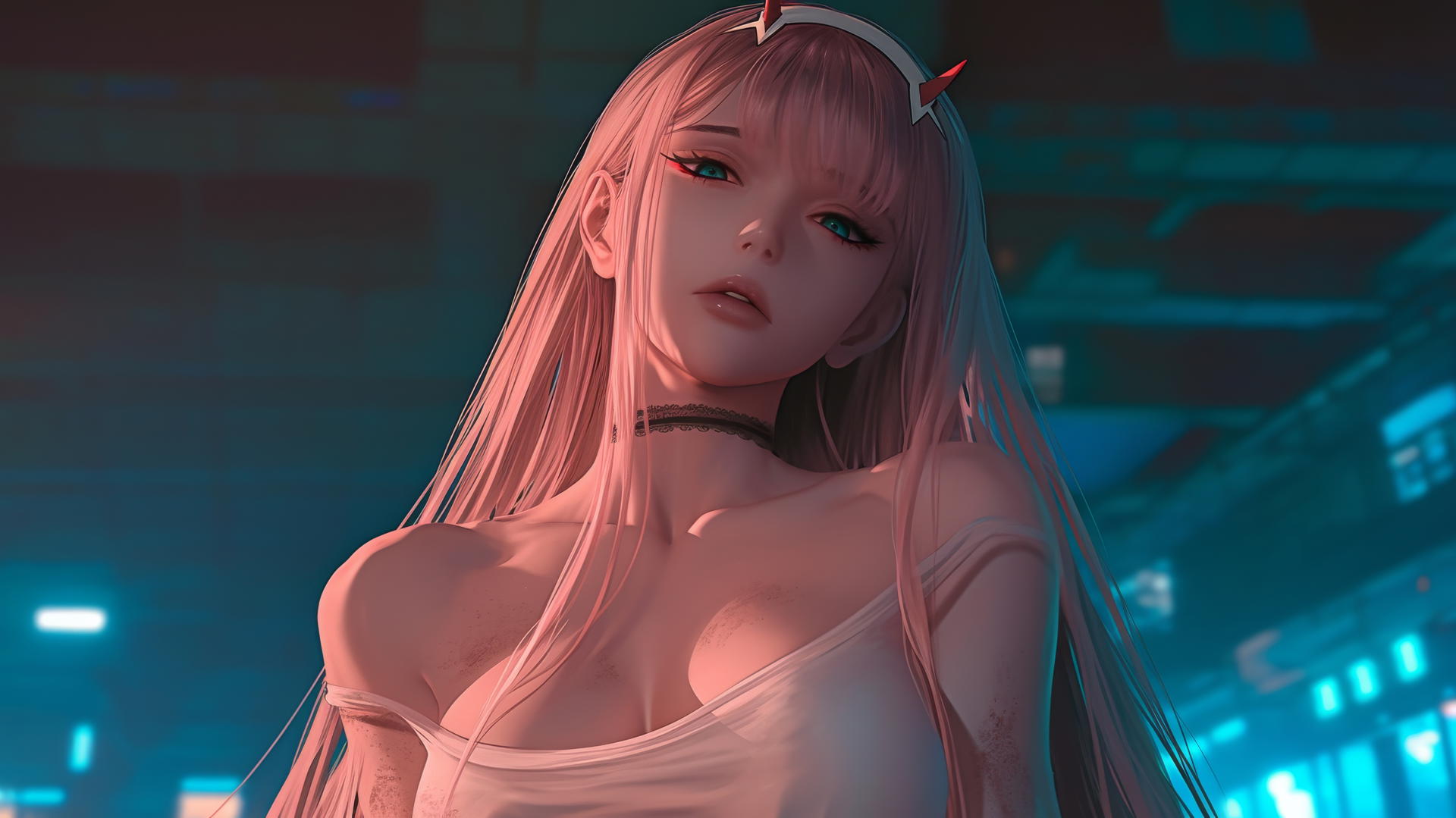 Zero Two from DARLING in the FRANXX seen from below with long pink hair, hotel ceiling background, leaning, kneeling, worn-out shirt, warm and neon light glow.