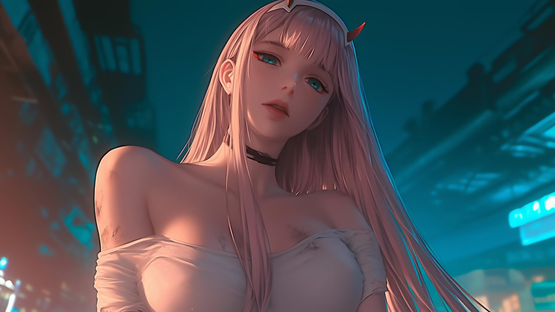 Zero Two from DARLING in the FRANXX leaning with pink hair, neon-lit ceiling