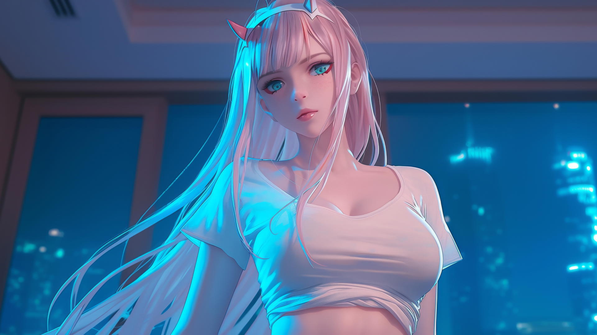 Zero Two from DARLING in the FRANXX seen from below, with pink hair, warm and neon light.