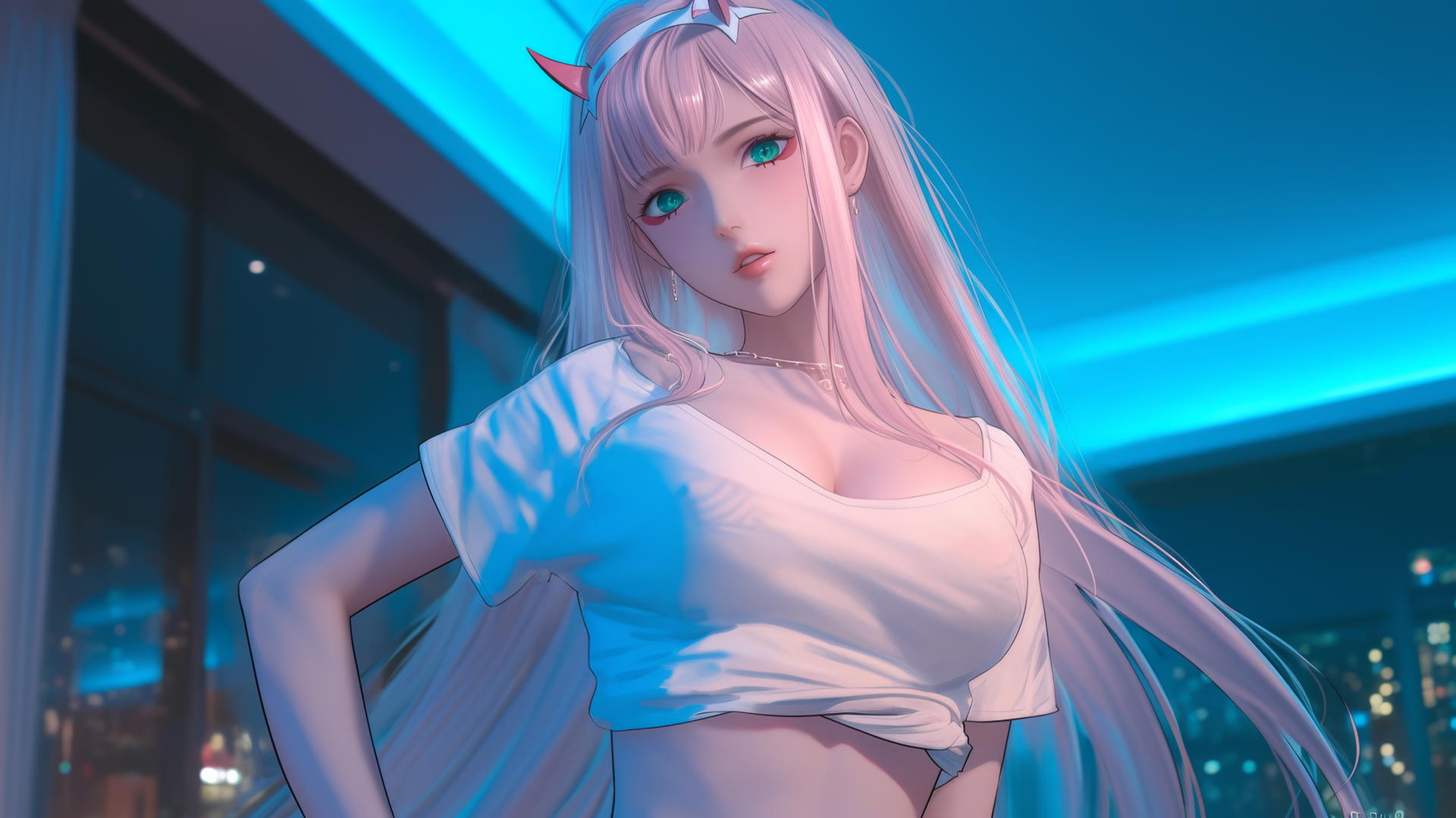 Zero Two from DARLING in the FRANXX seen from below, pink hair, neon-lit ceiling