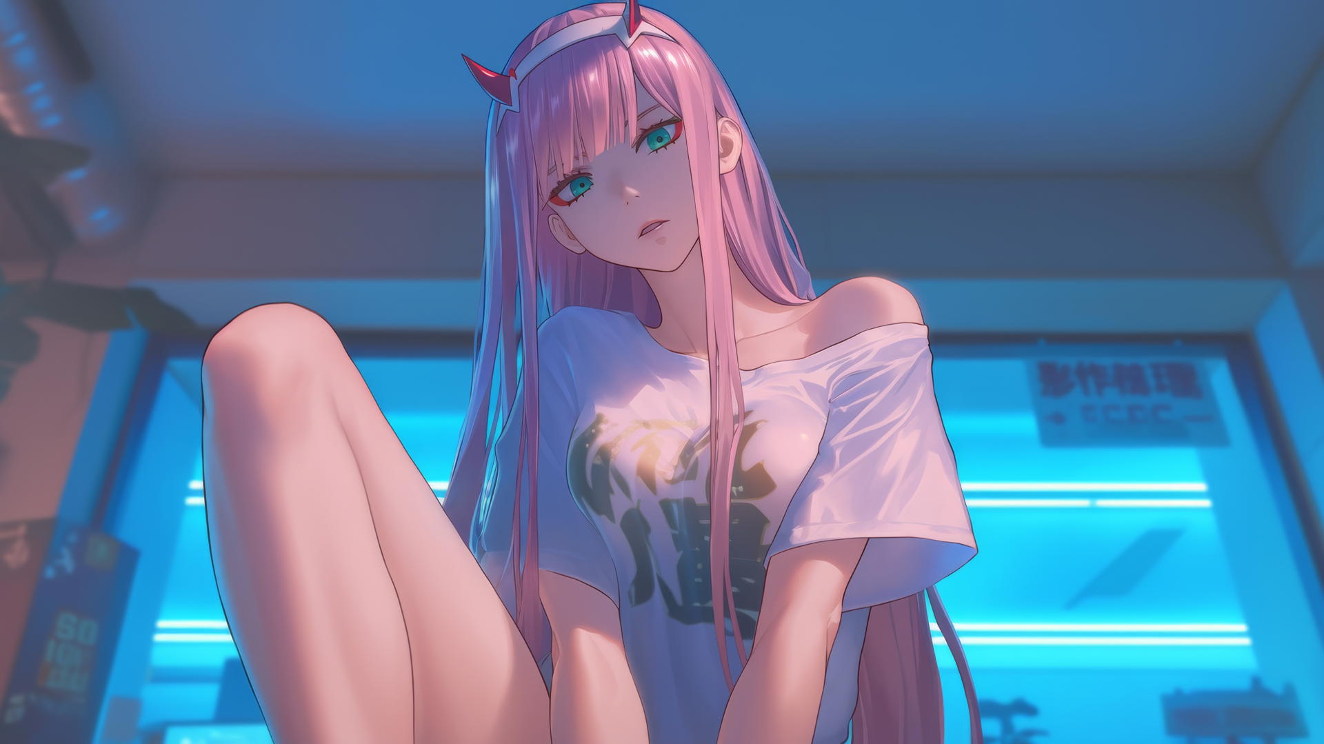 Zero Two from DARLING in the FRANXX, seen from below, long pink hair, kneeling with warm and neon lights.