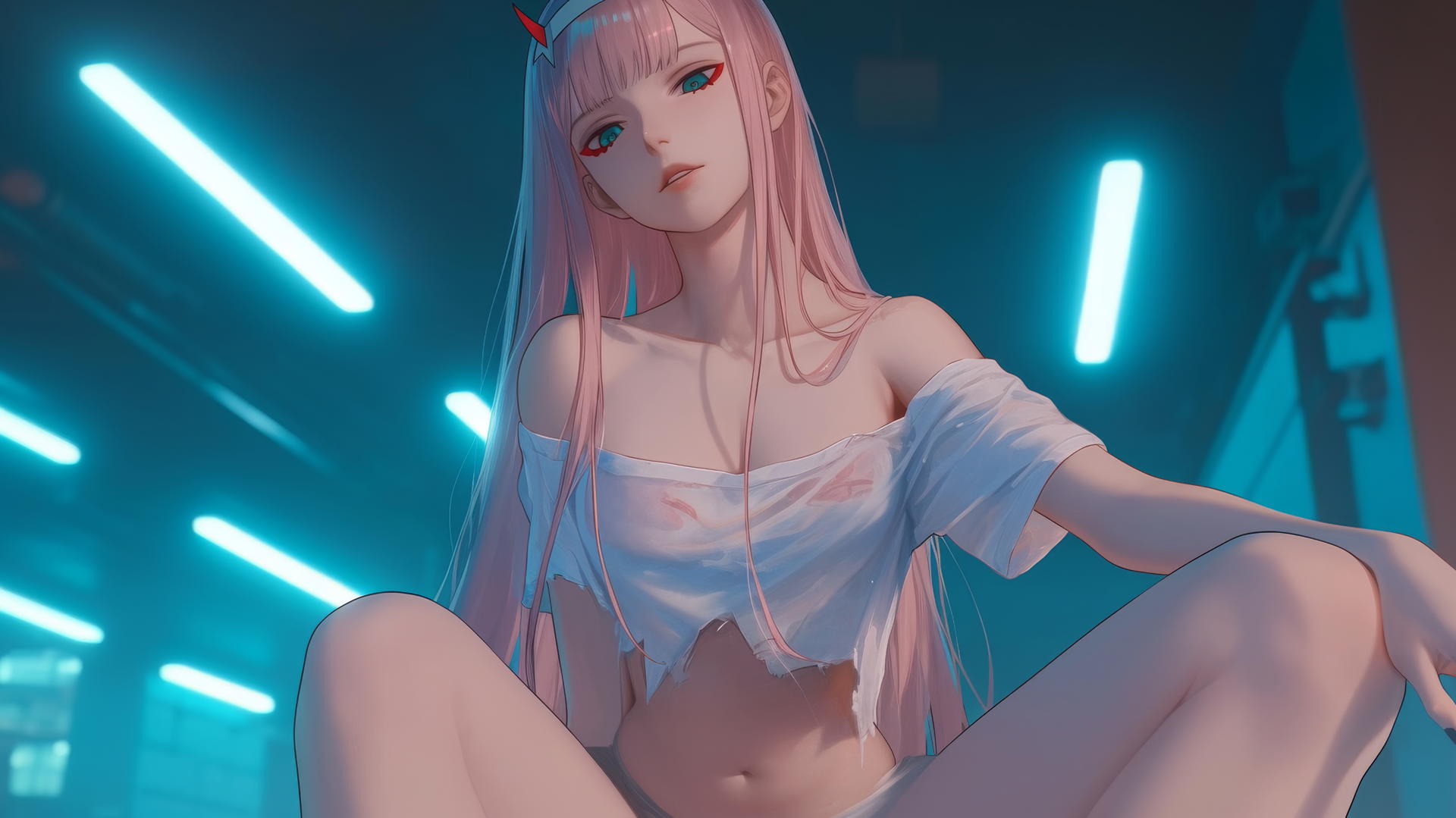 Zero Two from DARLING in the FRANXX kneeling and looking down, pink hair, broken t-shirt, hotel ceiling background, warm neon light.