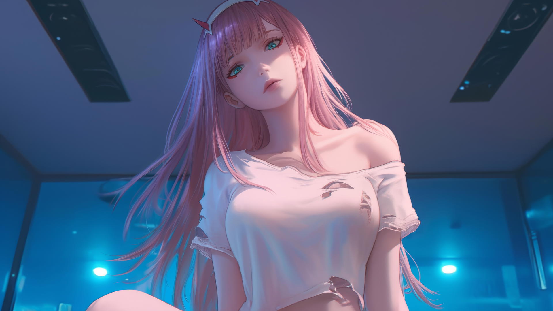 Zero Two from DARLING in the FRANXX bent forward with pink hair, under a hotel ceiling.