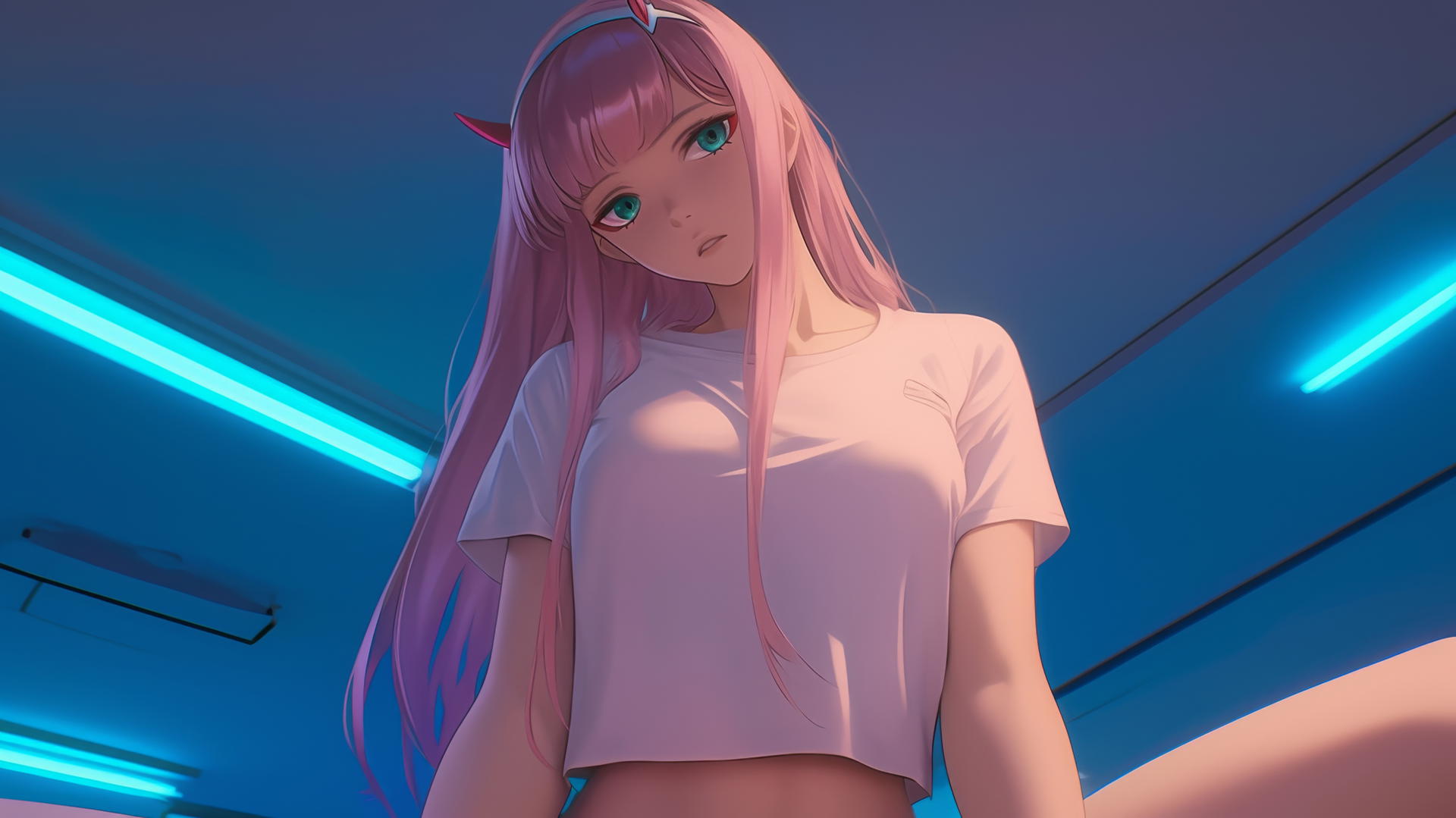 Zero Two from DARLING in the FRANXX, long pink hair, kneeling, warm and neon light