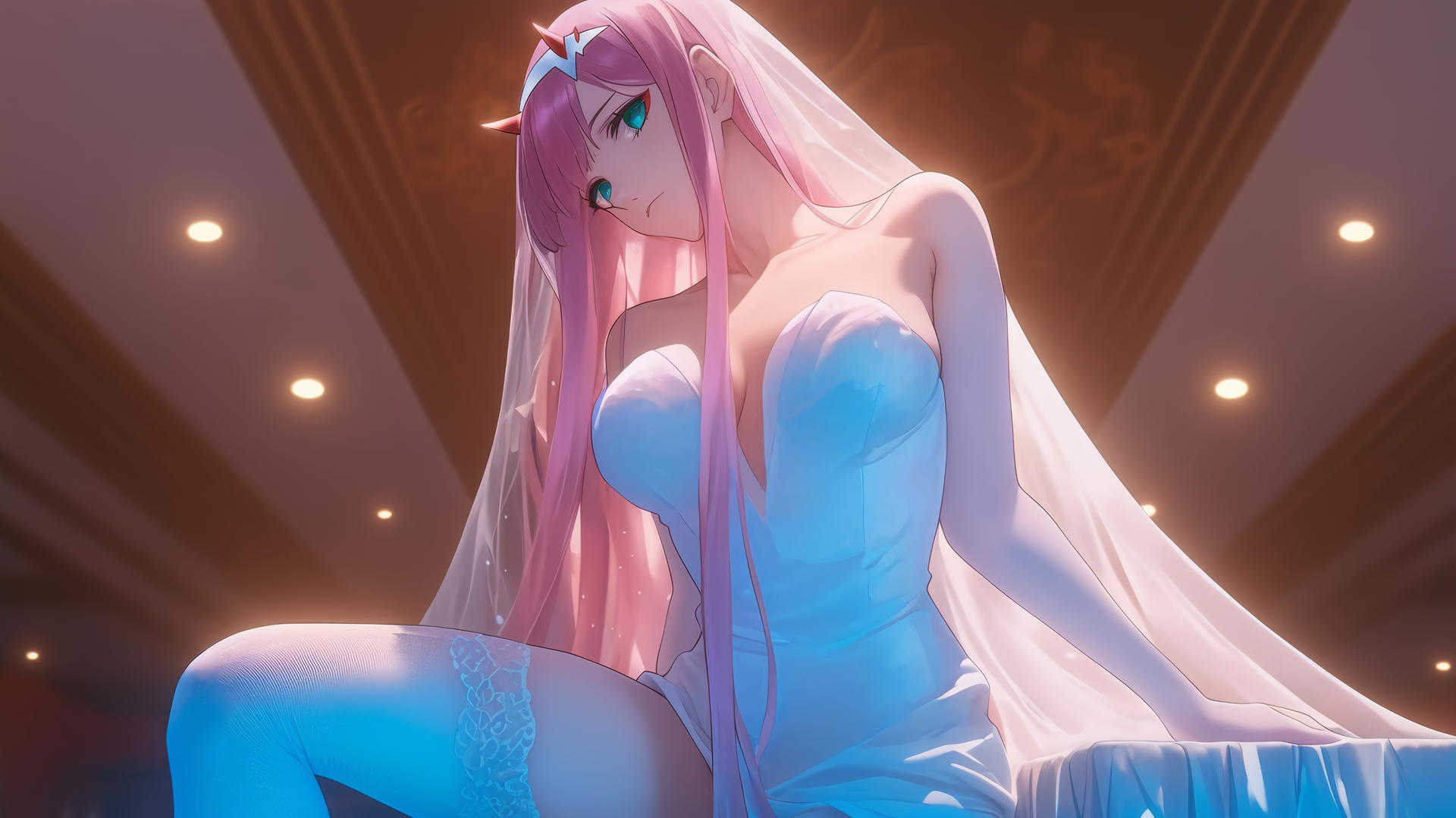 Zero Two from DARLING in the FRANXX kneeling in a wedding dress under warm and neon lights.