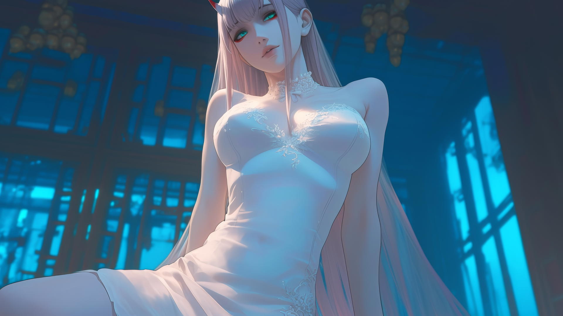Zero Two from DARLING in the FRANXX in wedding dress, leaning forward under warm and neon ceiling lights.
