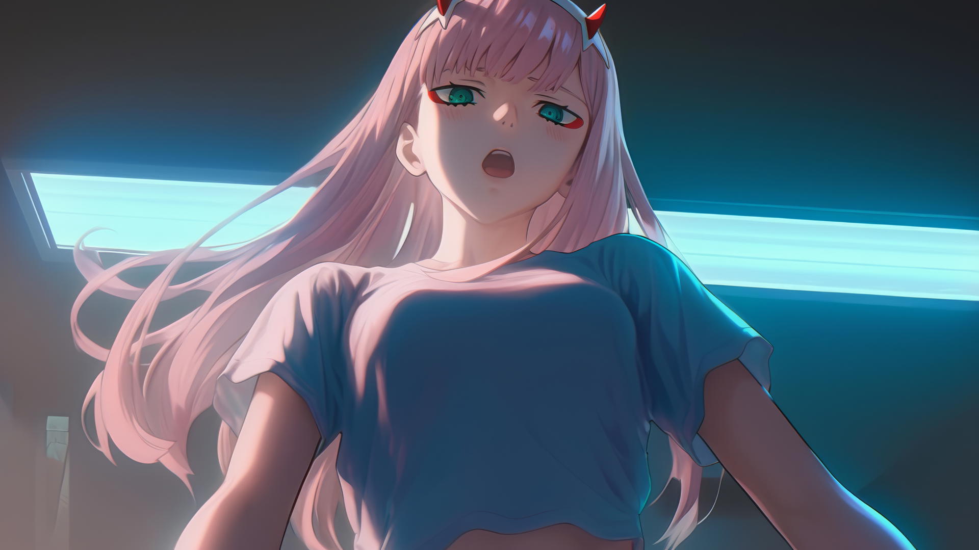 Zero Two from DARLING in the FRANXX with long pink hair, kneeling and howling under warm and neon lights from a hotel ceiling, looking down.