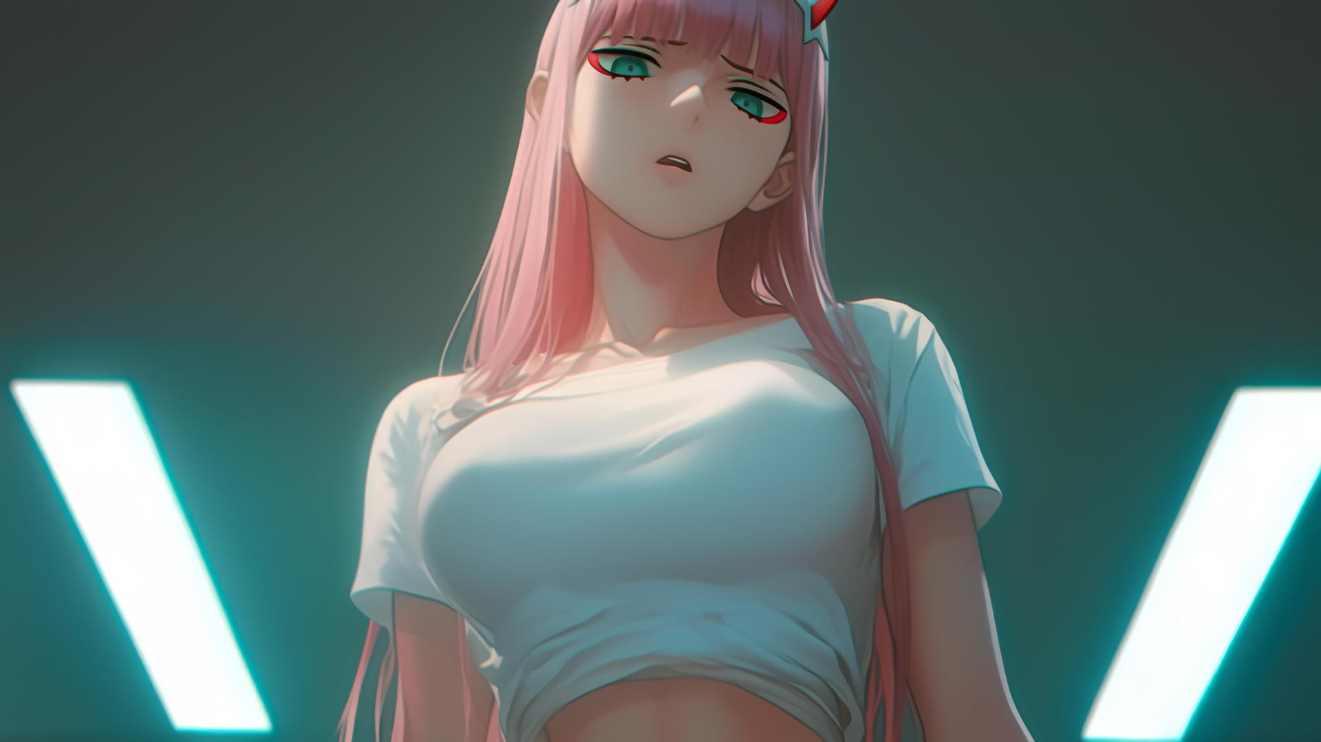 Zero Two from DARLING in the FRANXX kneeling with long pink hair, viewed from below, in a warm neon-lit hotel setting.