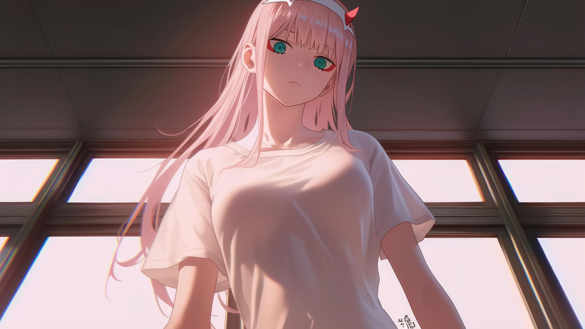 Zero Two from DARLING in the FRANXX, kneeling and looking down, warm and neon lights