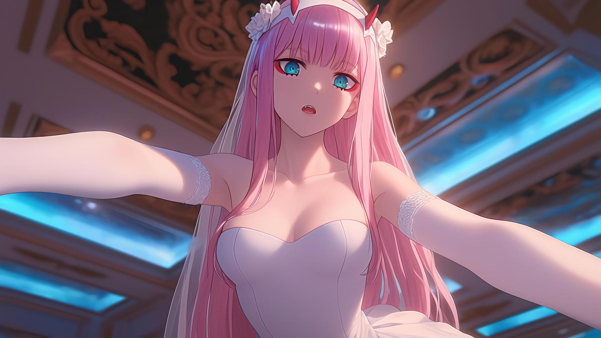 Zero Two from DARLING in the FRANXX kneeling in a wedding dress, warm neon glow