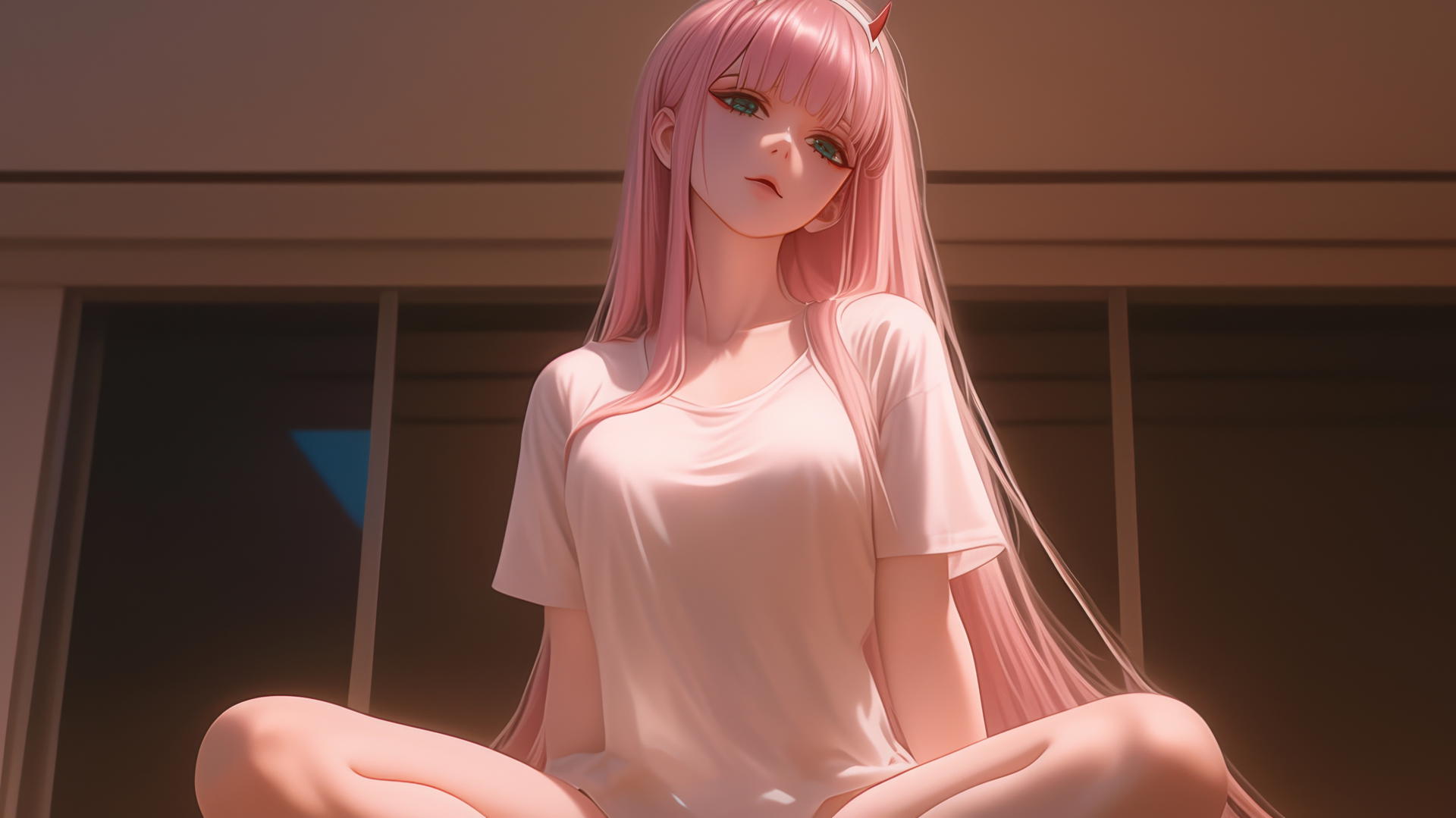 Zero Two from DARLING in the FRANXX kneeling, seen from below, with pink hair, hotel ceiling background, warm and neon lighting.