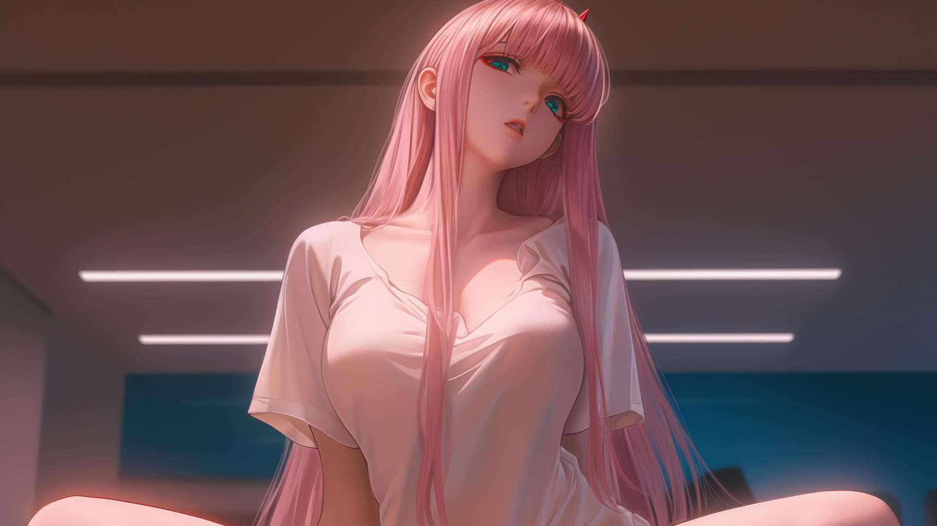 Zero Two kneeling with pink hair, under warm hotel ceiling lights
