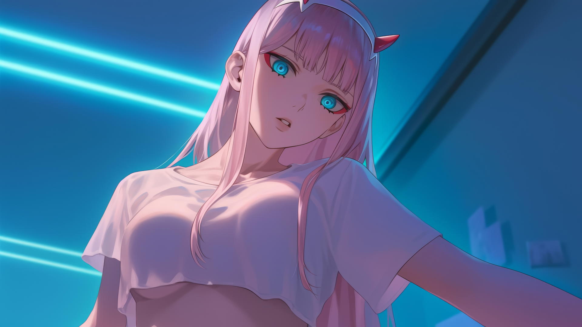 Zero Two from DARLING in the FRANXX kneeling, seen from below with pink hair, neon light
