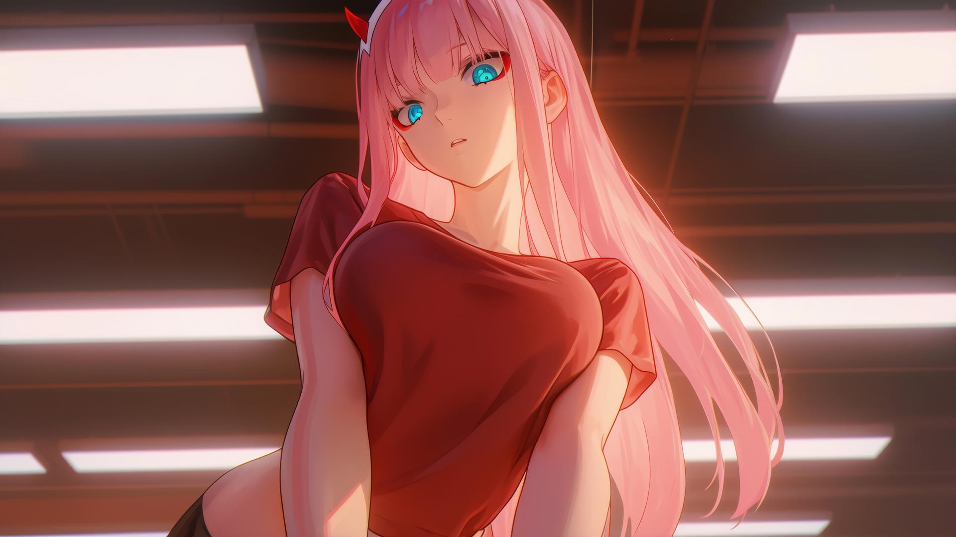 Zero Two kneeling and looking down with pink hair and neon-lit hotel ceiling