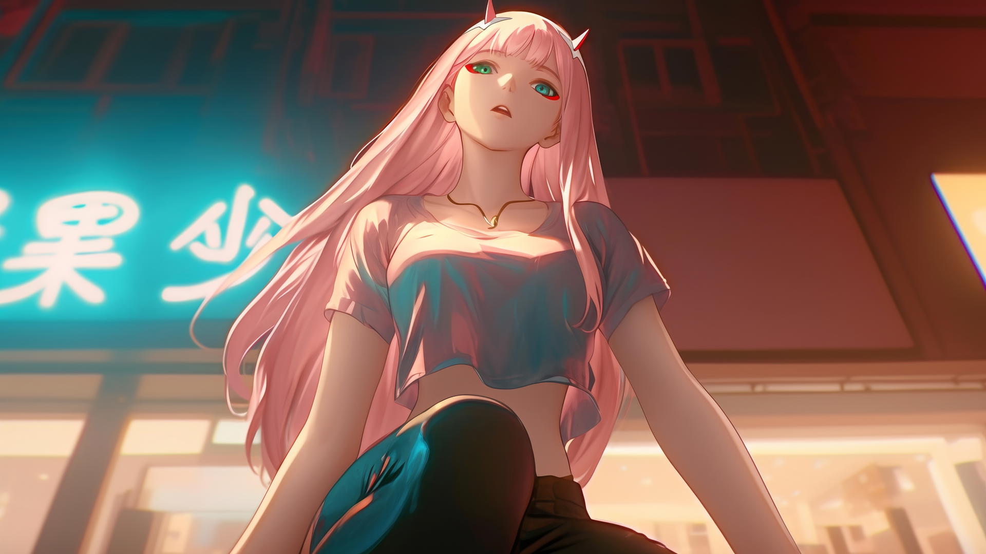 Zero Two from DARLING in the FRANXX kneeling and looking down, with pink hair and a hotel ceiling background.