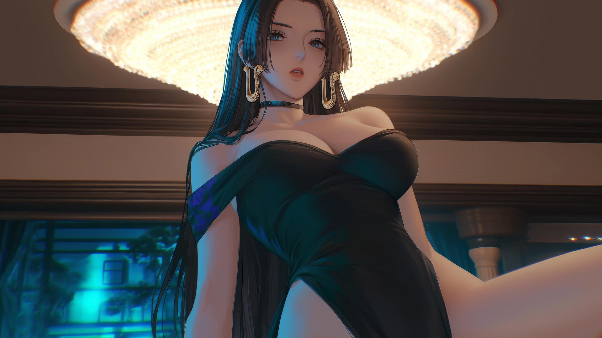 Boa Hancock from One Piece kneeling and looking down with warm neon ceiling light