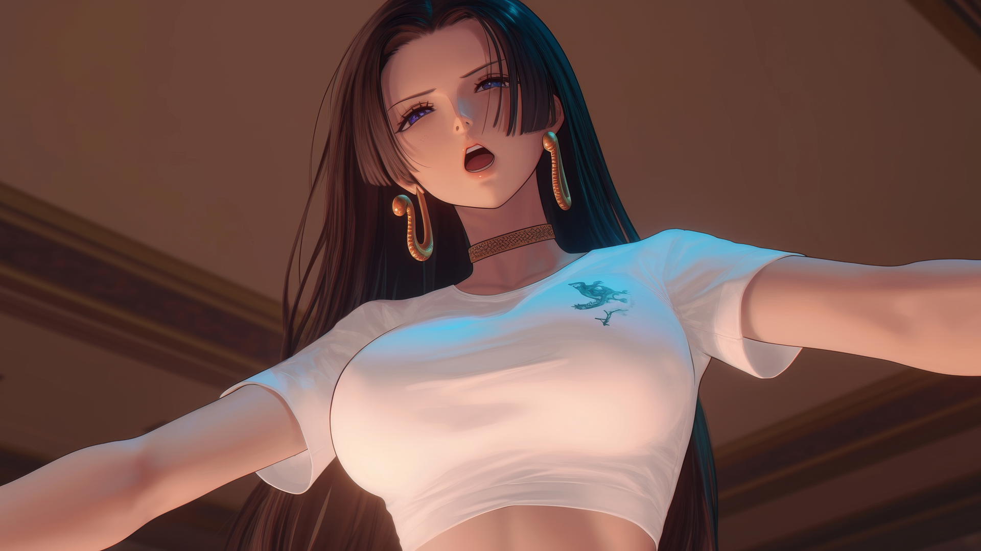 Boa Hancock kneeling under warm and neon light, looking down with hotel ceiling background