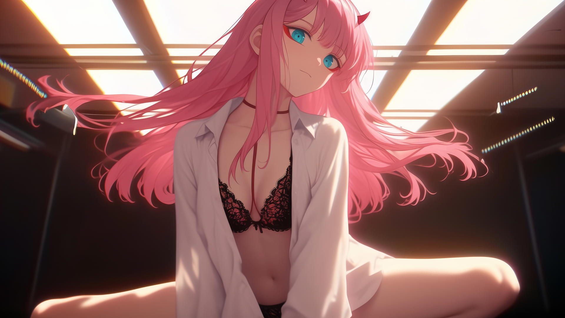 Zero Two from DARLING in the FRANXX, kneeling with pink hair under warm neon lights.
