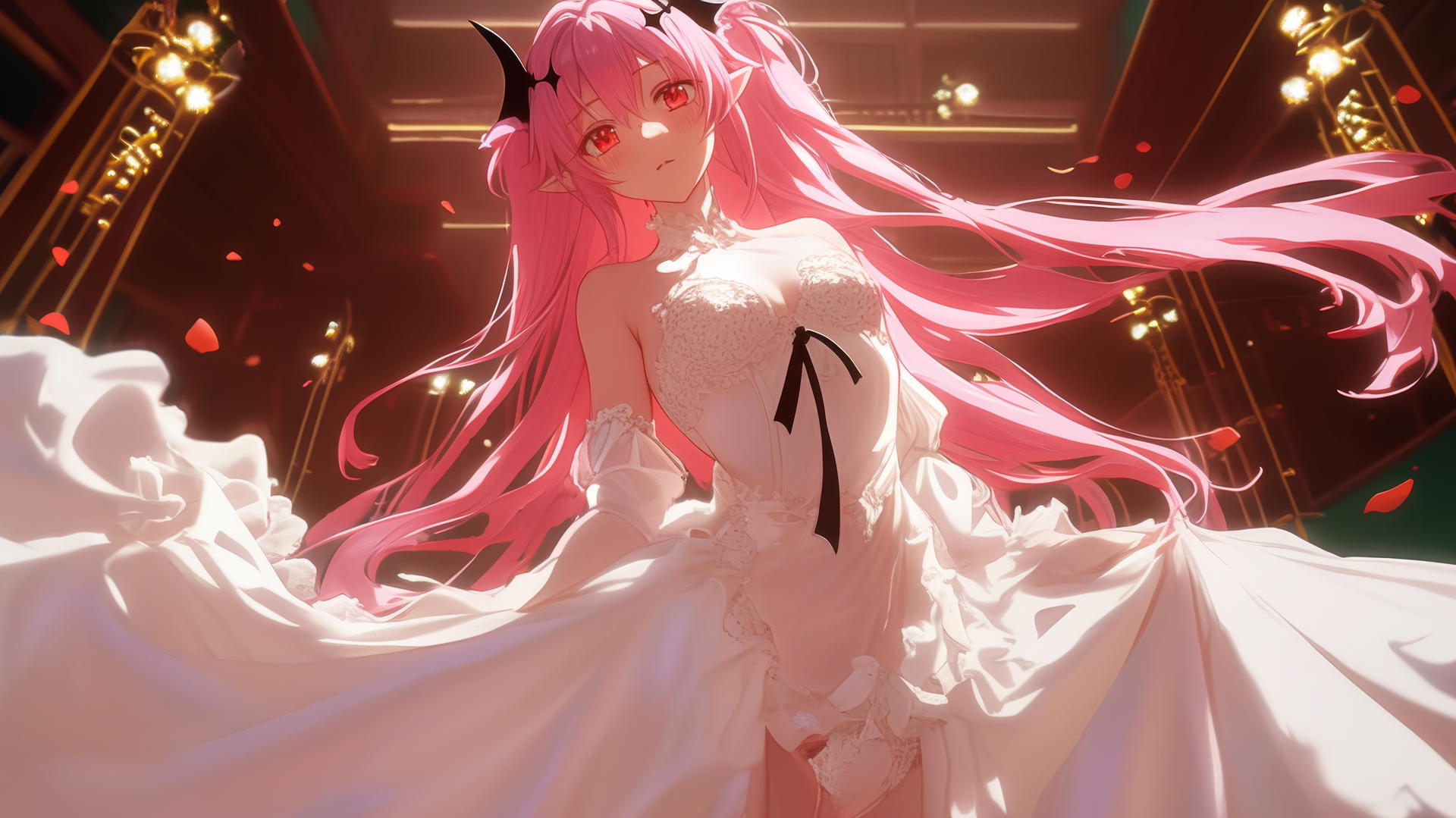 Krul Tepes from Seraph of the End wearing a wedding dress, looking down.