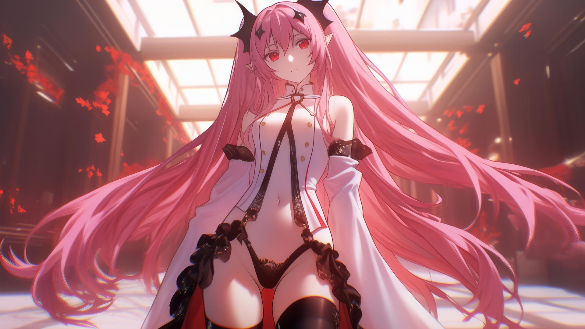 Krul Tepes kneeling, neon-lit hotel ceiling, rosy pink hair, red eyes, fangs
