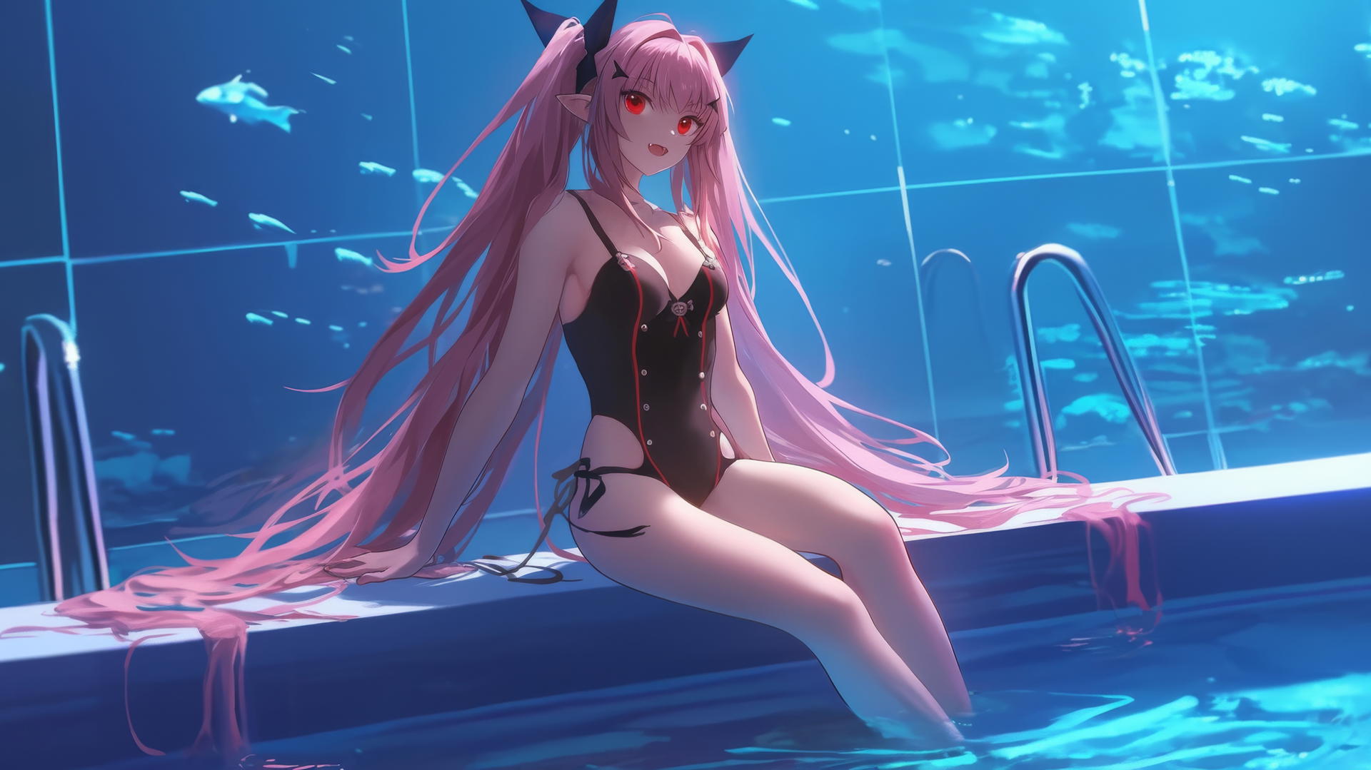 Krul Tepes with red eyes and rosy pink hair jumps out of a swimming pool under moonlight.