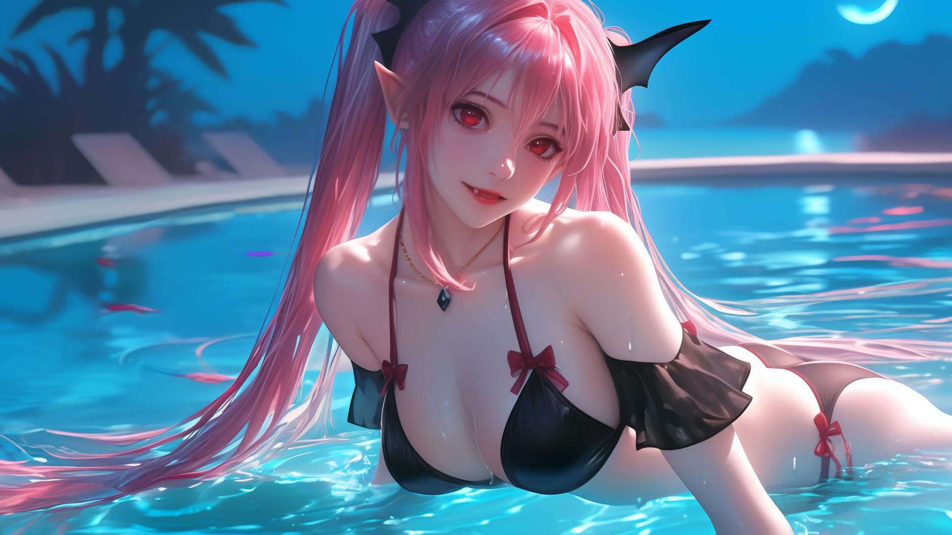 Krul Tepes with red eyes and pink hair jumping from a pool under moonlight