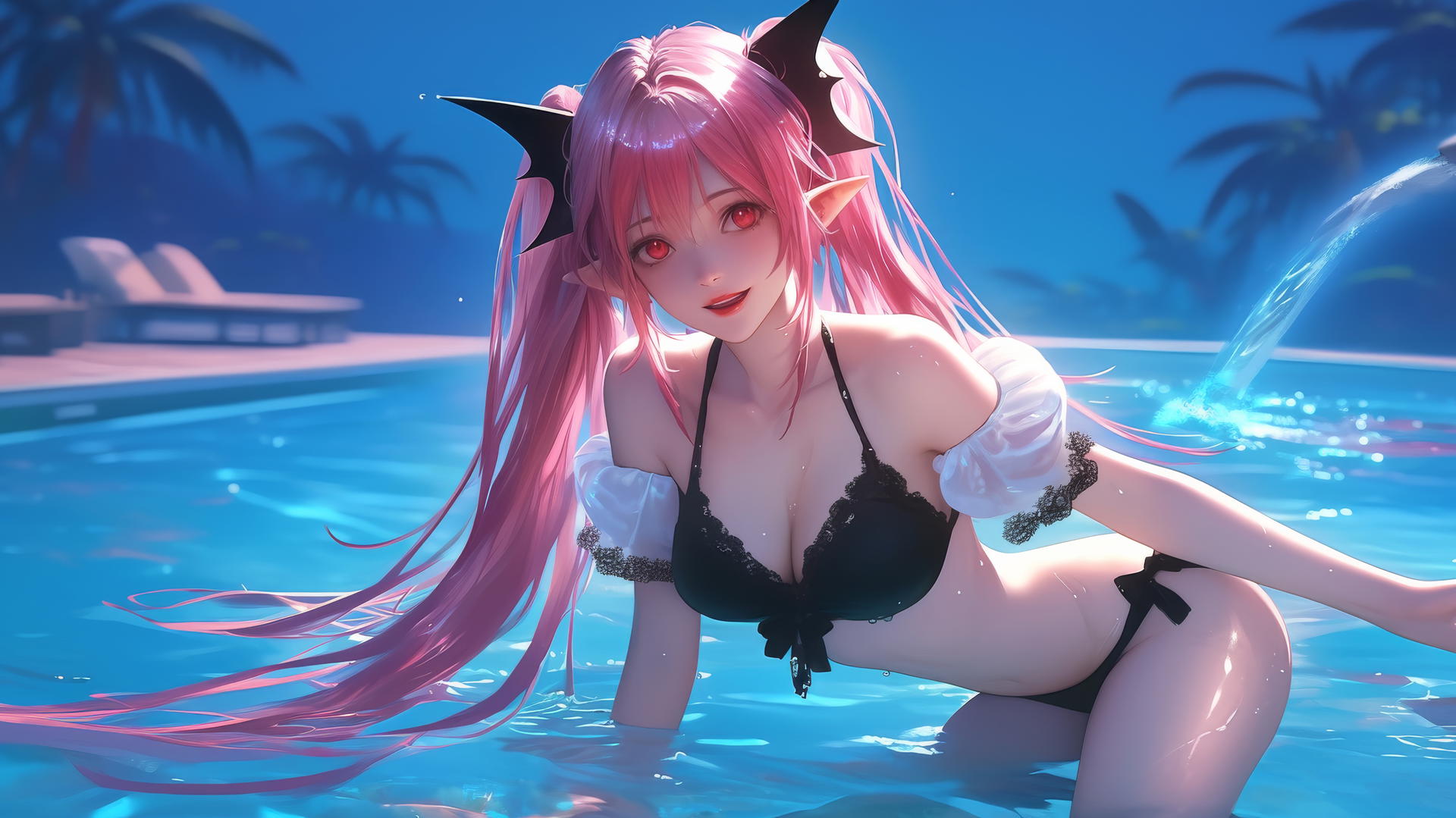 Krul Tepes with red eyes and pink hair jumping out of a swimming pool under moonlight.