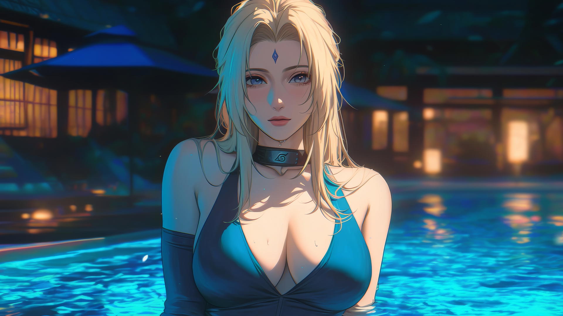Tsunade from Naruto resting by a swimming pool under moonlight