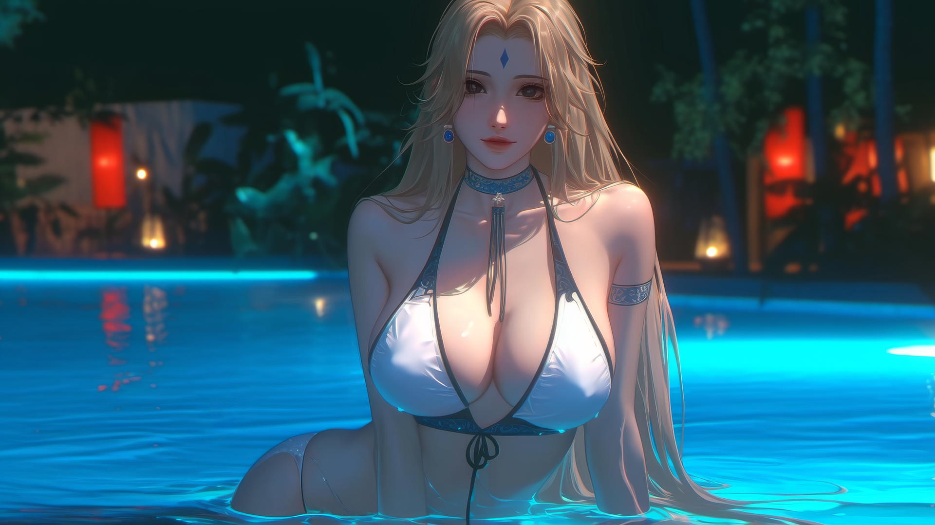 Tsunade from Naruto, resting by a moonlit swimming pool