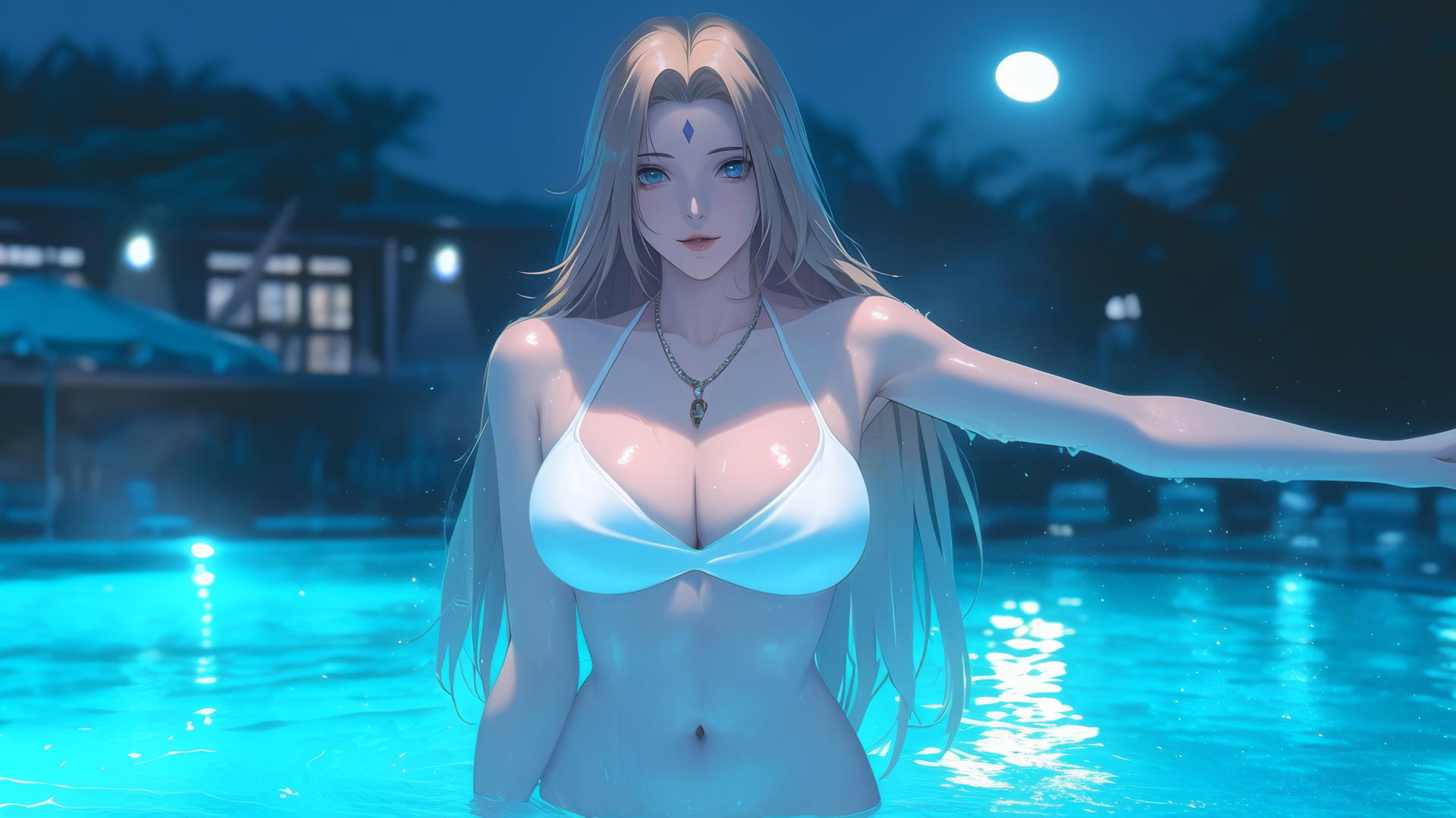 Tsunade from Naruto jumping out of pool under moonlight