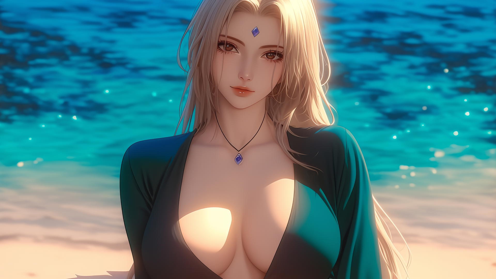 Tsunade from Naruto resting at the beach with warm light