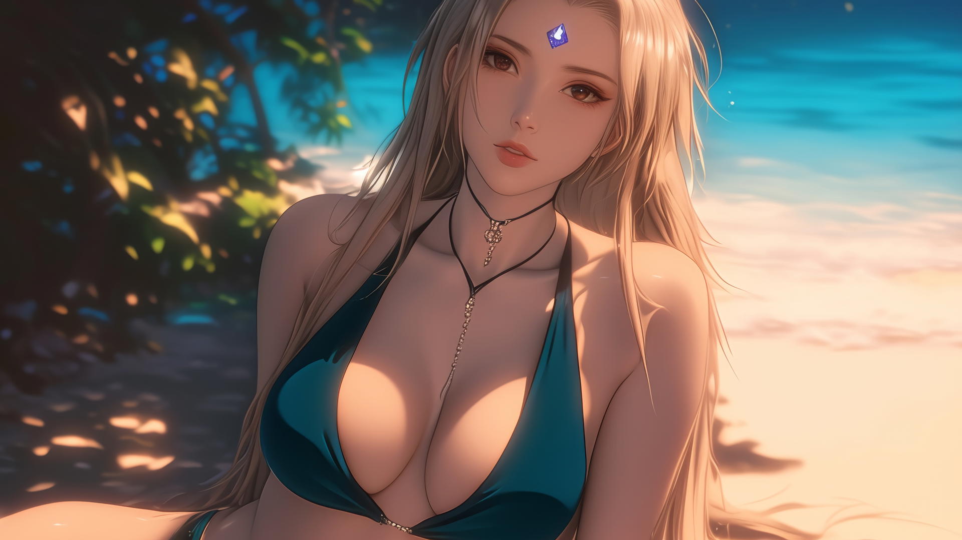 Tsunade from Naruto resting at beach with warm light glow