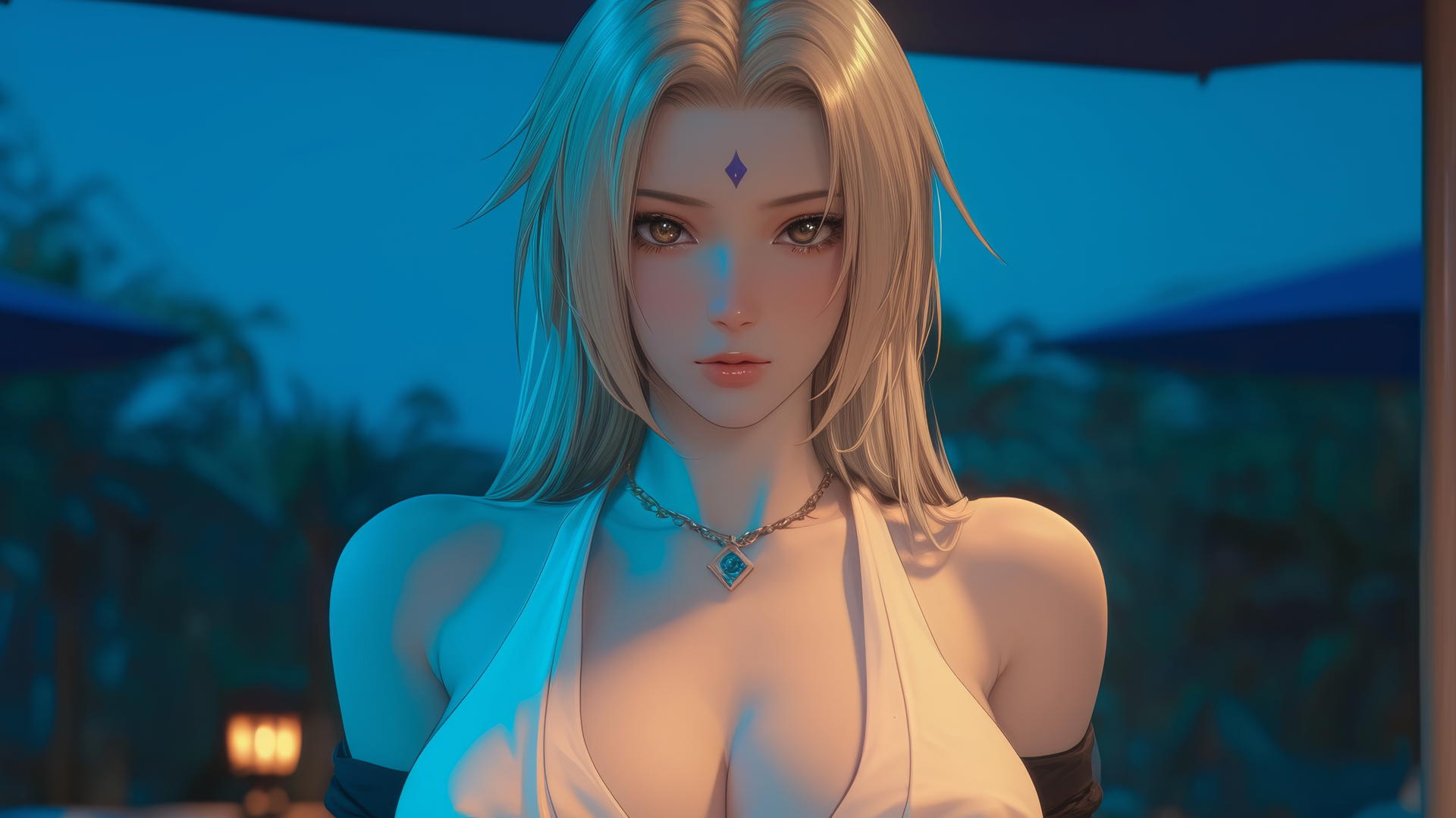 Tsunade from Naruto in a camping tent with warm light and soft glow, blonde hair, brown eyes, violet diamond on forehead.