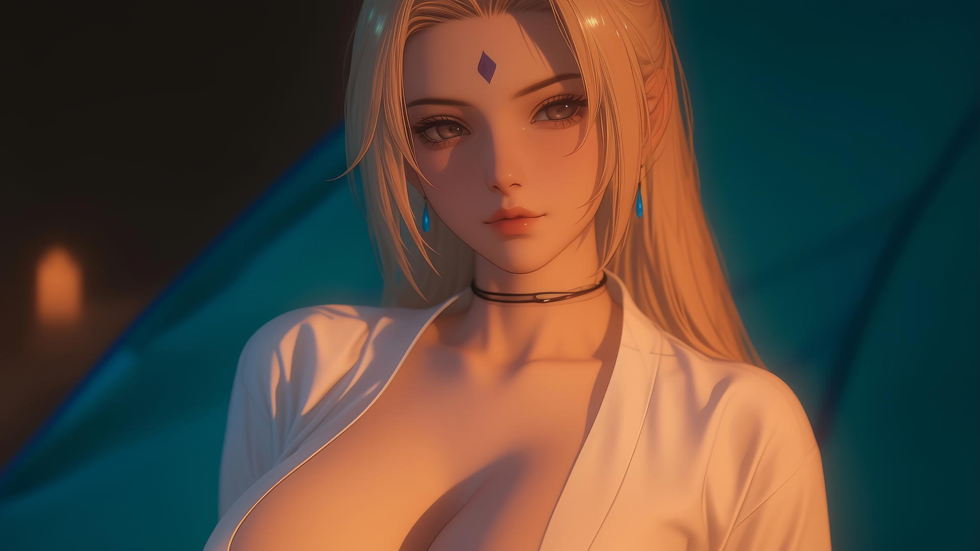 Tsunade from Naruto in a camping tent with warm light glow