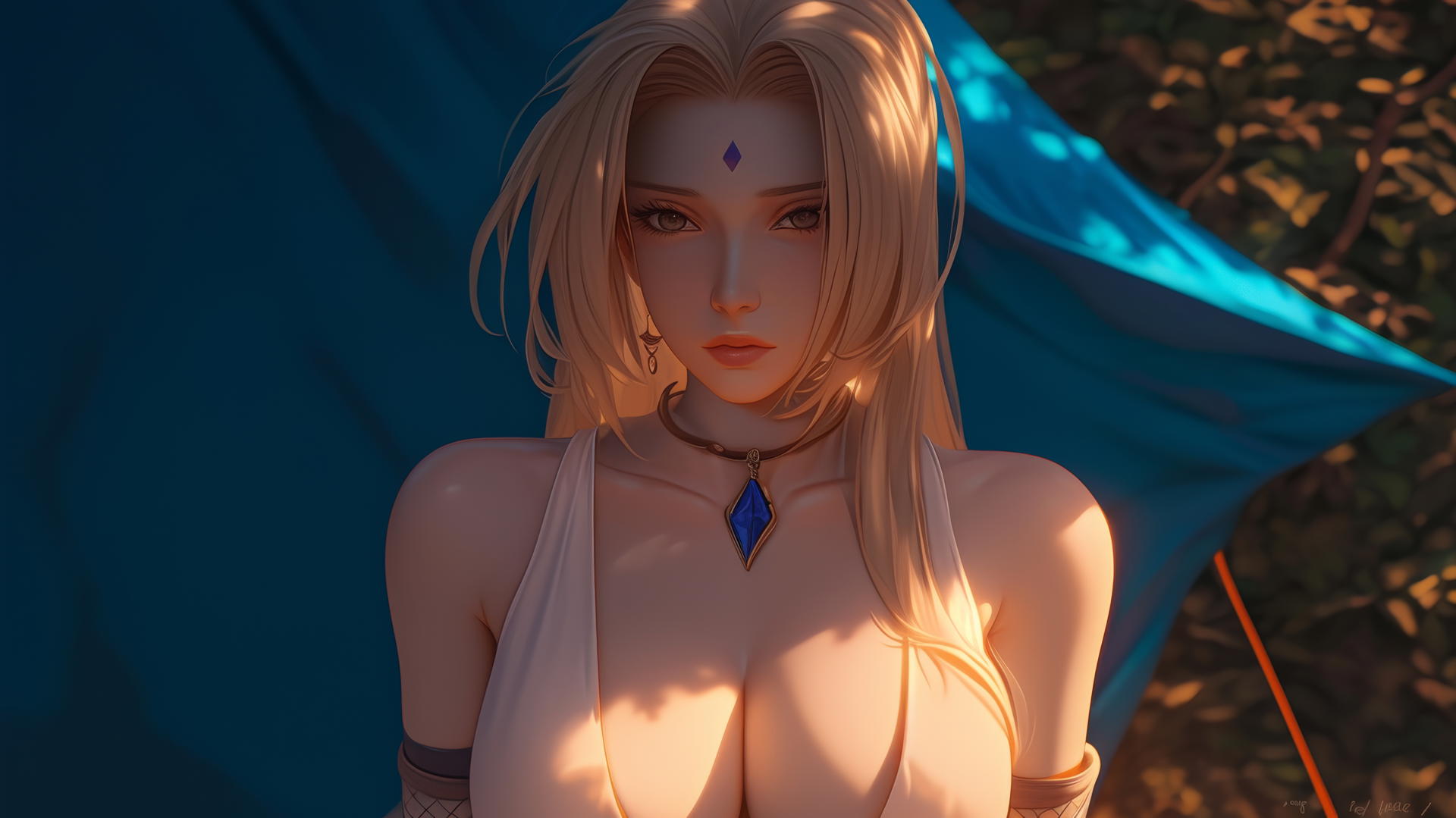 Tsunade from Naruto in a camping tent with warm light and soft glow, blonde hair, brown eyes, violet diamond on forehead.