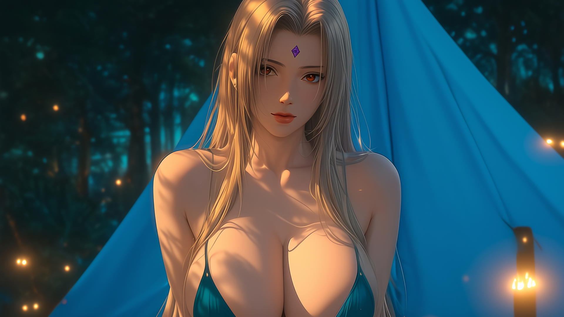 Tsunade from Naruto in a camping tent with warm light, blonde hair, violet diamond on forehead