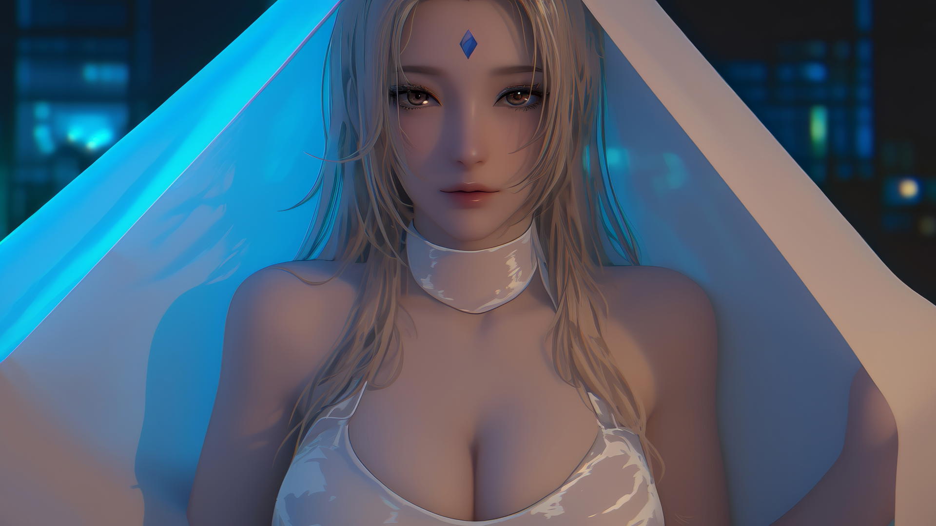 Tsunade from Naruto with straight blonde hair and brown eyes under a blanket, lit by a flashlight.