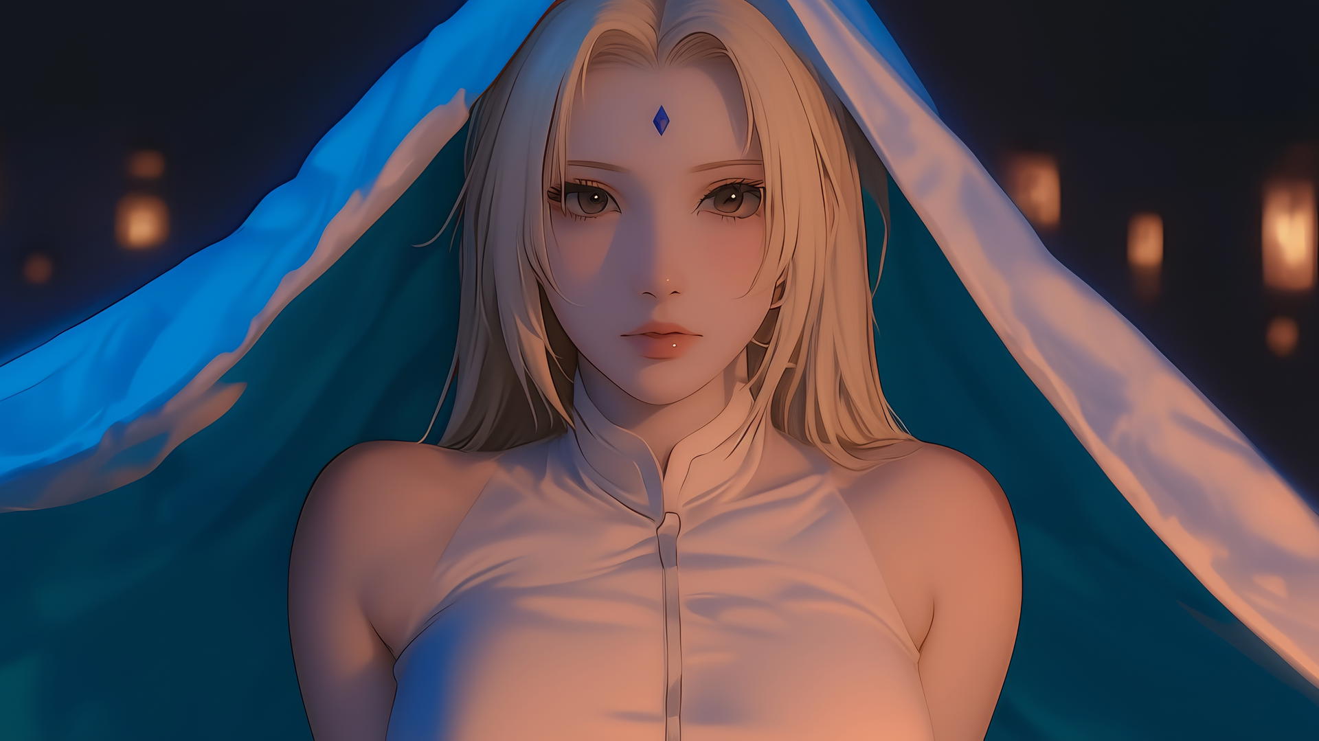 Hiding under a blanket with Tsunade from Naruto, flashlight, warm glow.