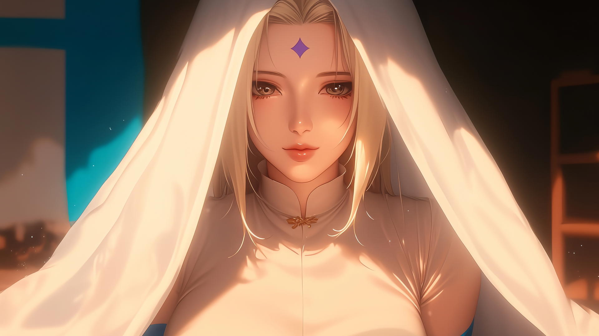 Tsunade from Naruto under blanket with flashlight