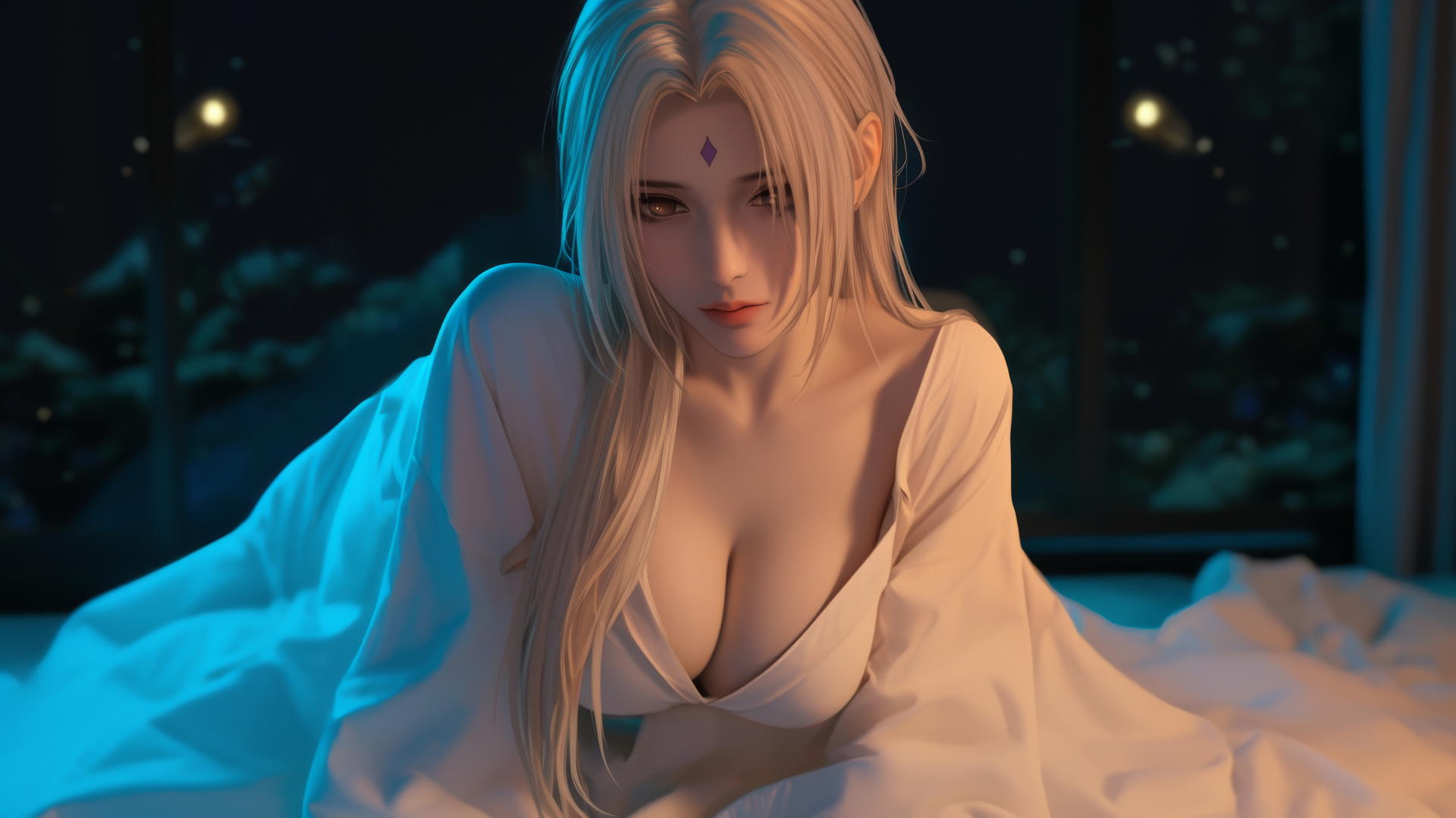 Tsunade from Naruto under a blanket with a flashlight glowing softly.