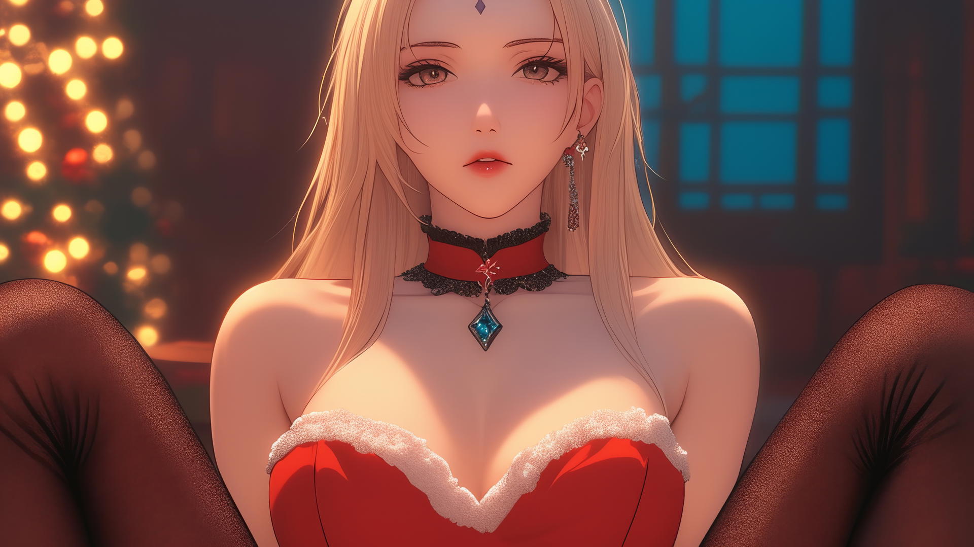 Tsunade from Naruto in Christmas attire, kneeling and looking down with hotel ceiling background.