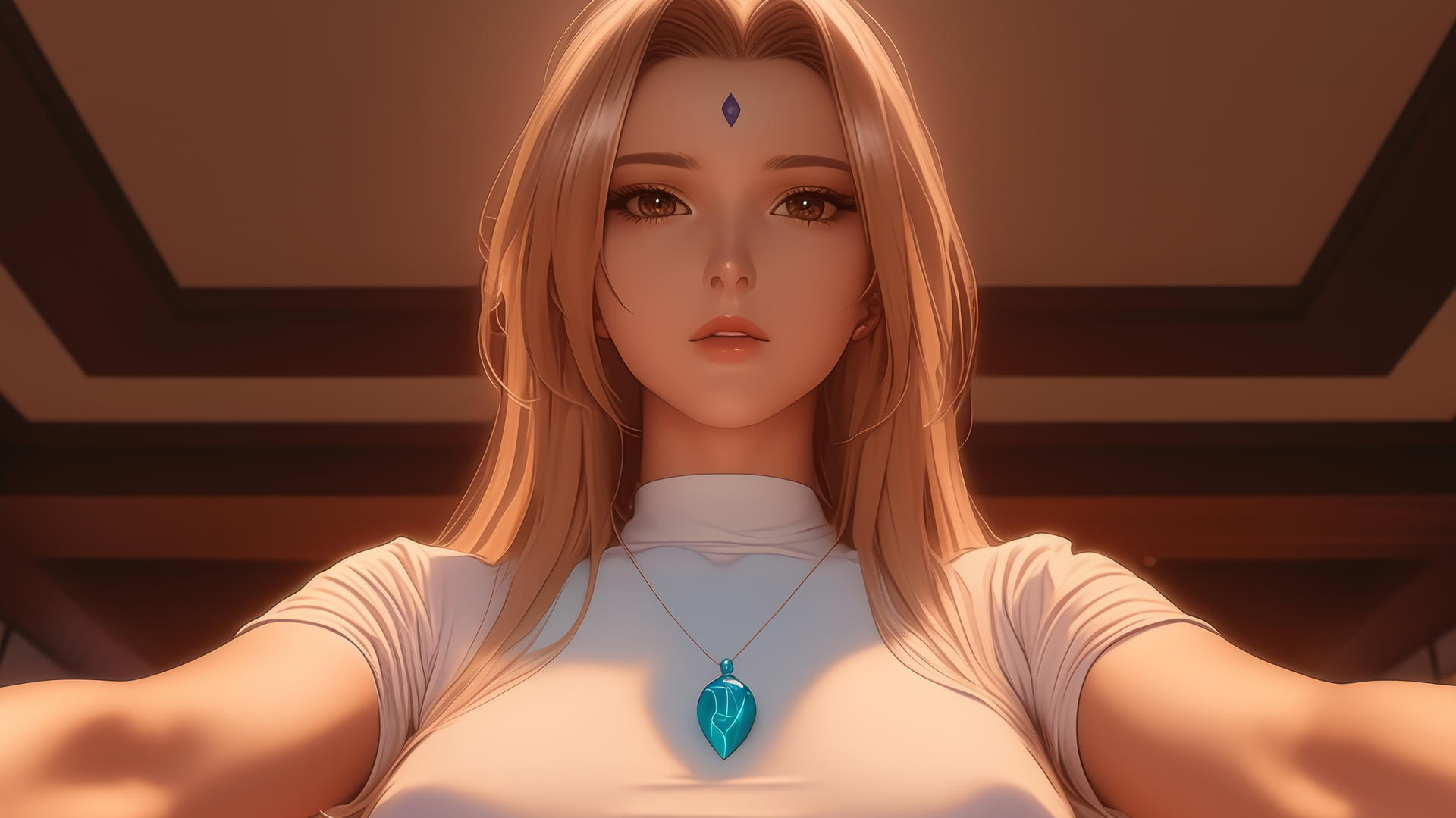 Tsunade from Naruto with blonde hair and brown eyes, kneeling and leaning forward with neon light casting a soft glow.