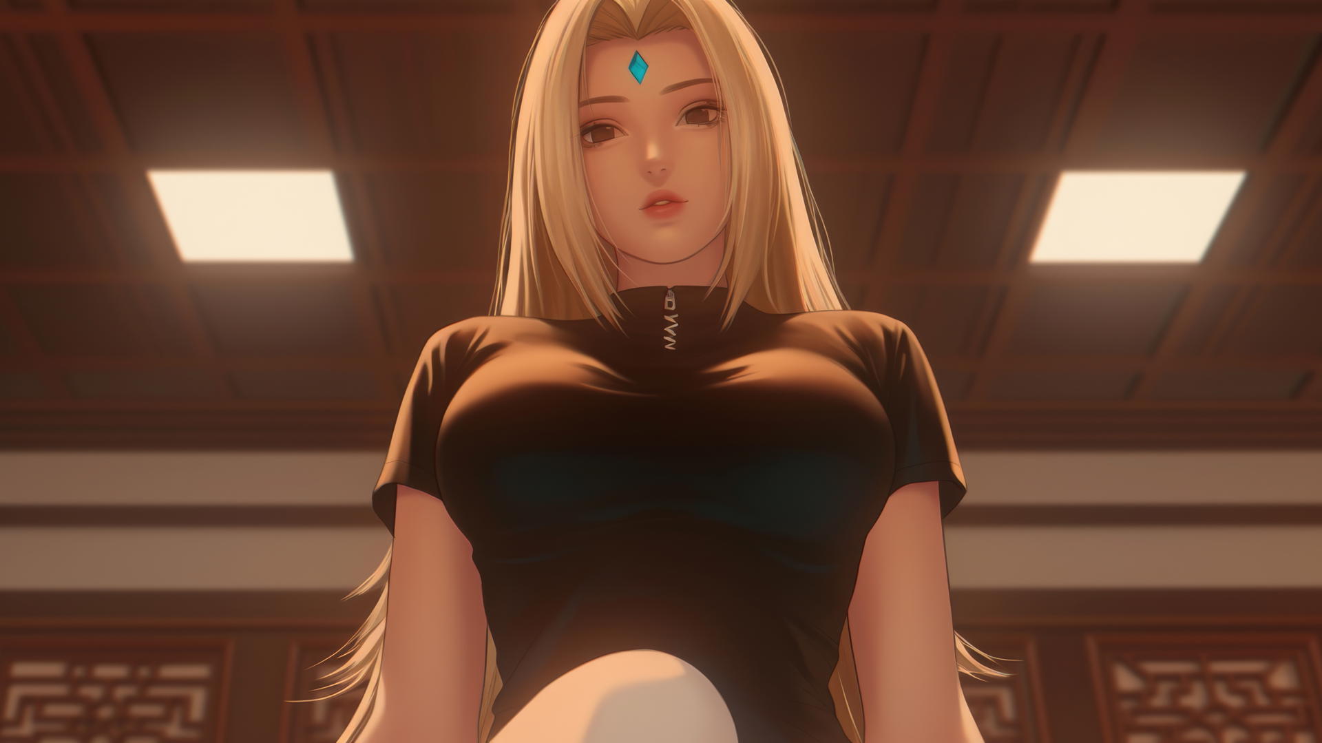 Tsunade from Naruto with blonde hair and brown eyes kneeling under a neon-lit hotel ceiling.