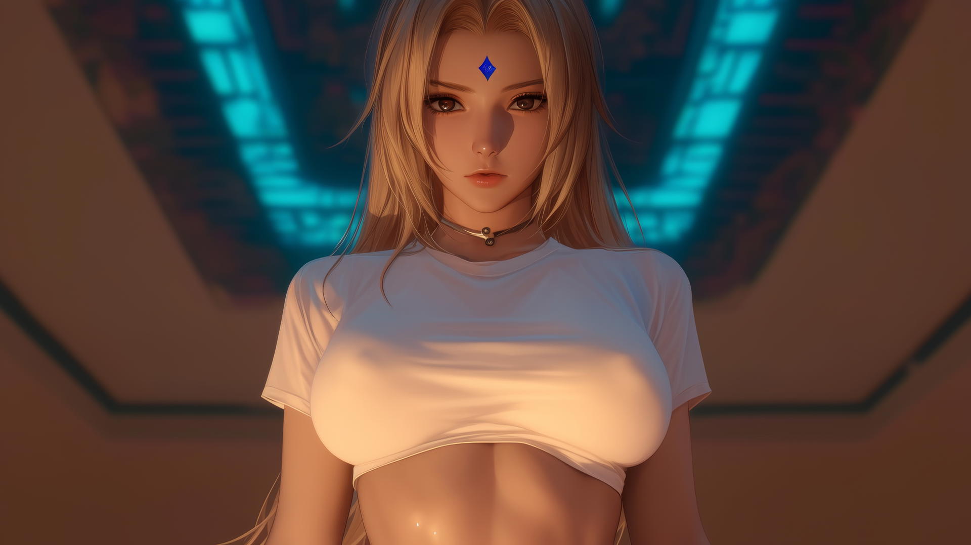 Tsunade from Naruto with brown eyes and straight blonde hair, kneeling and looking down, illuminated by warm and neon light in a hotel room.