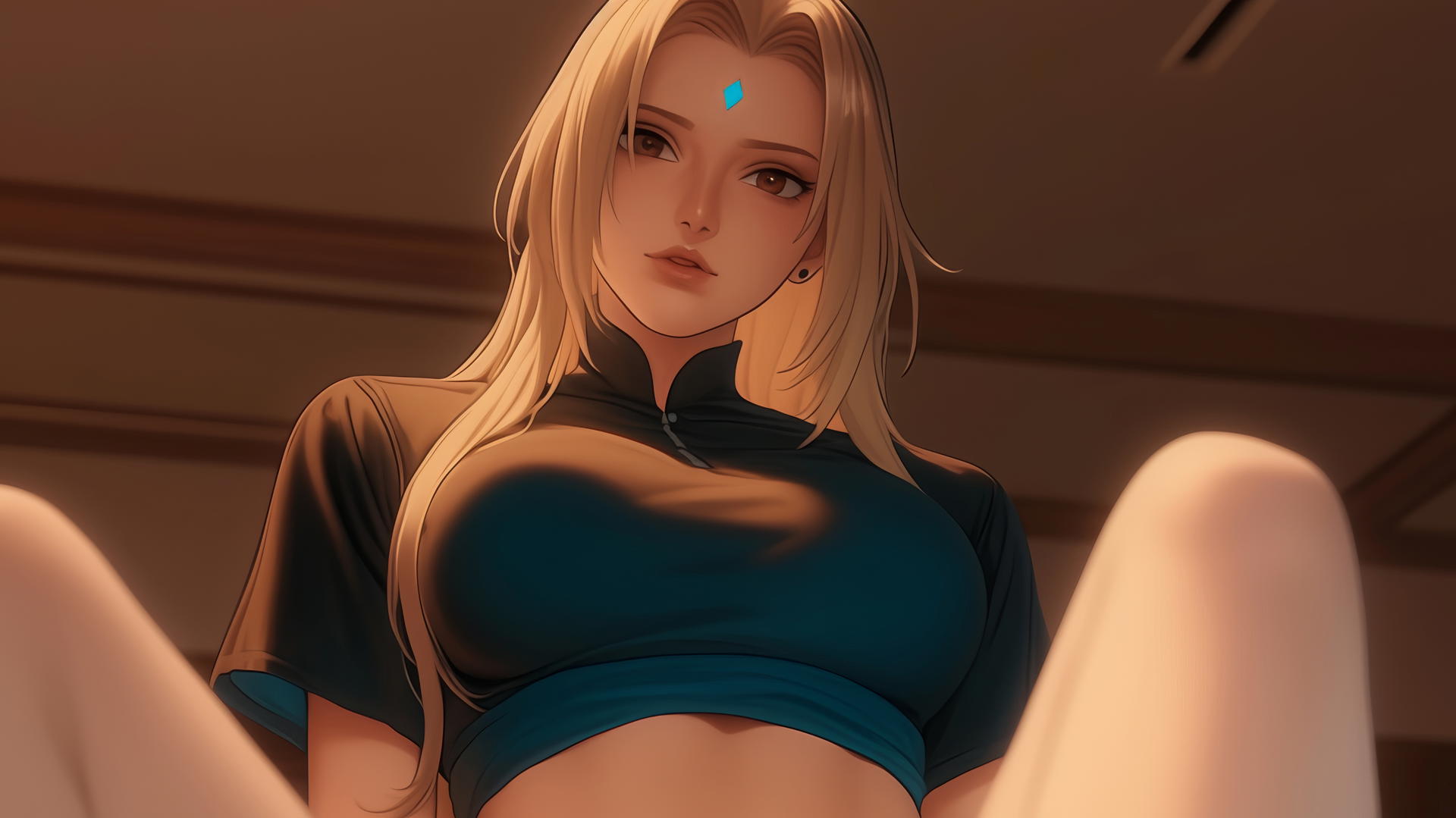Tsunade from Naruto kneeling and leaning down, viewed from below, warm neon lighting.