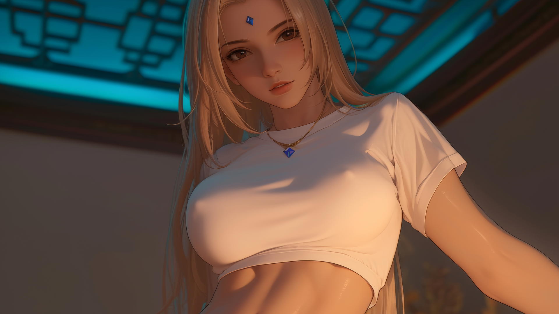 Tsunade from Naruto kneeling and leaning with brown eyes, blonde hair, violet diamond on forehead.